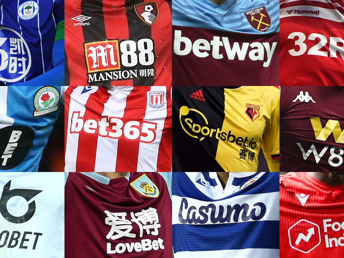 A collage of football (soccer) tees showing advertisements for betting companies
