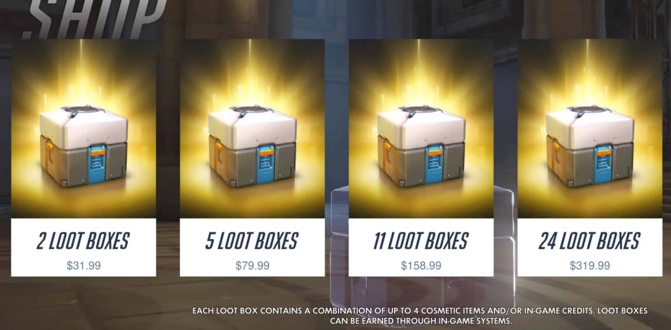 Loot boxes from Overwatch, going up to 320 USD for 24 boxes