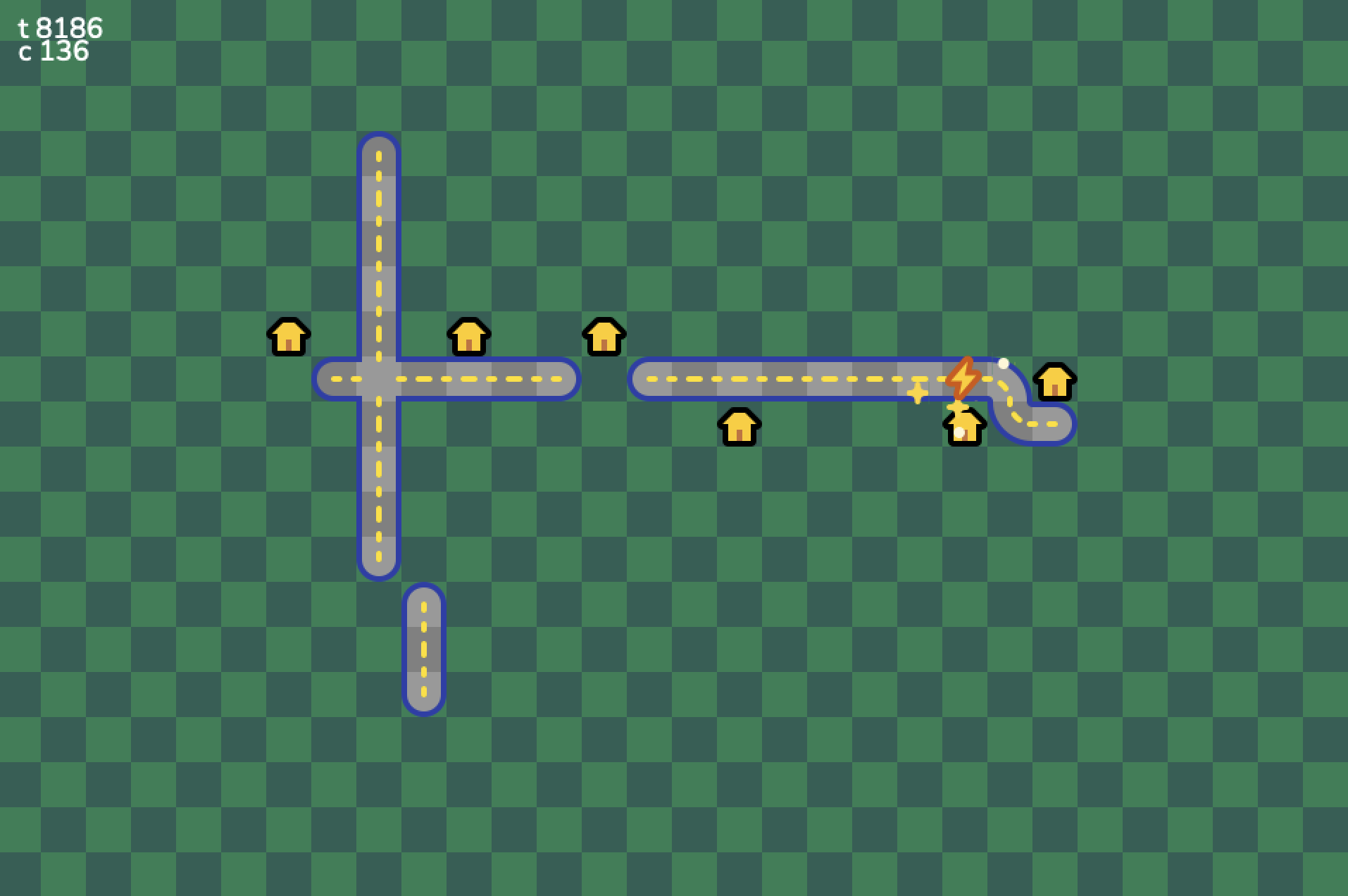 The very first prototype: roads, houses, and power lines on a checkerboard grid