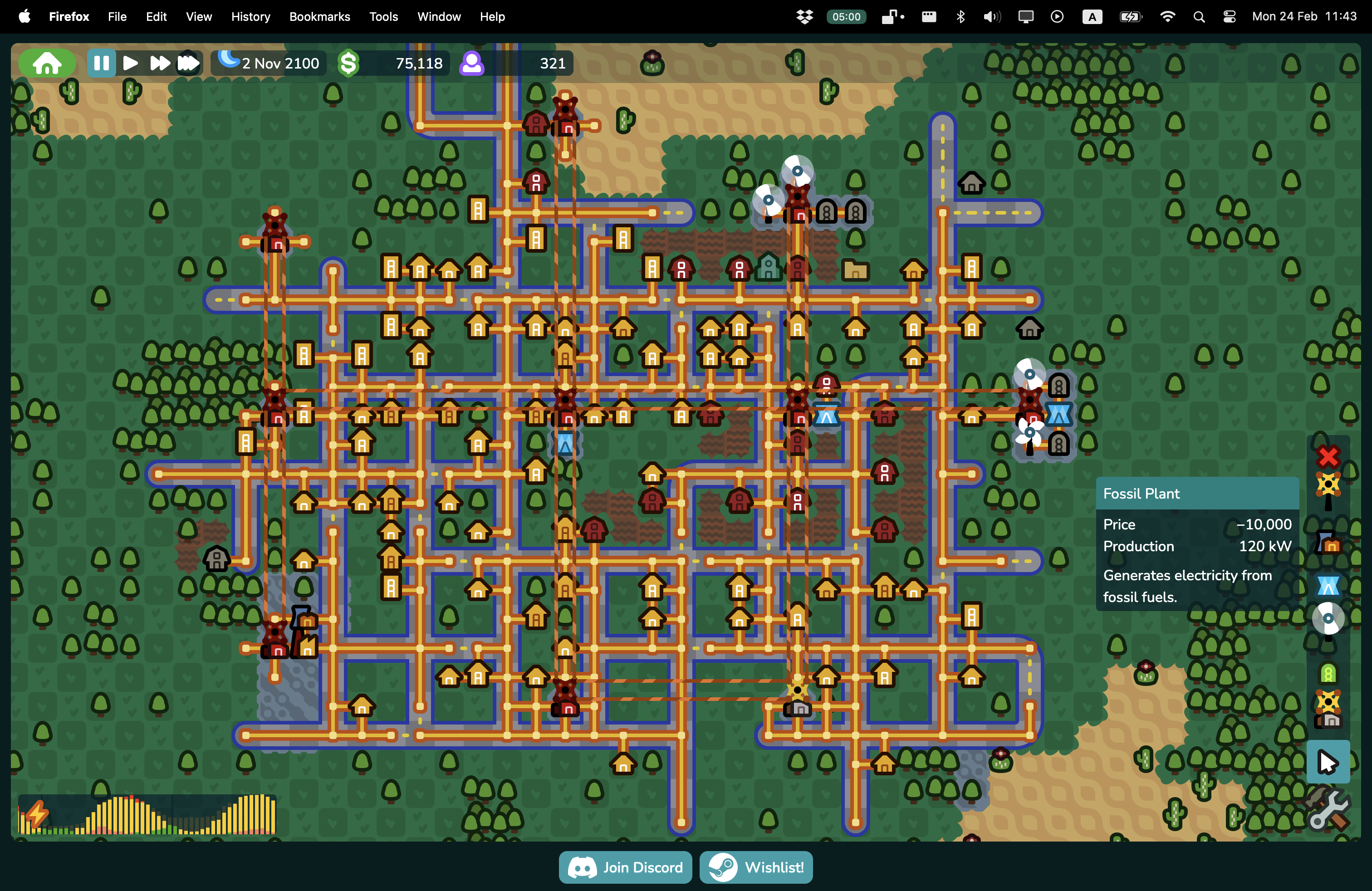 A sprawling grid with fossil plants and the overhauled building tooltip